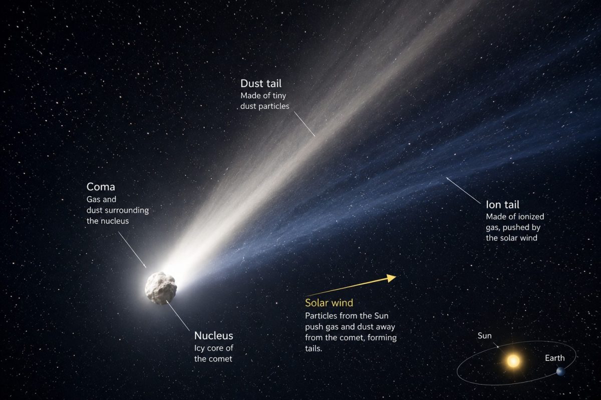 Realistic comet with glowing dust and ion tails streaming away from the Sun in space.