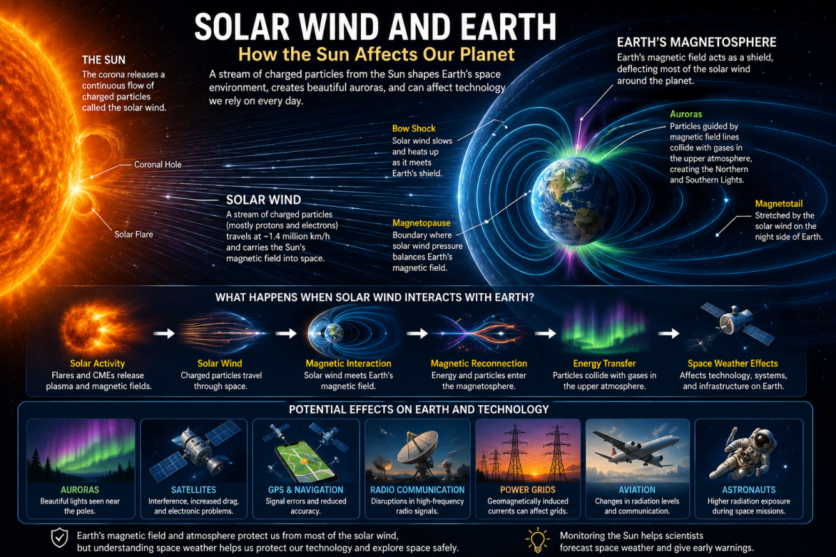 Solar wind from the Sun interacting with Earth's magnetosphere and causing auroras and space weather effects